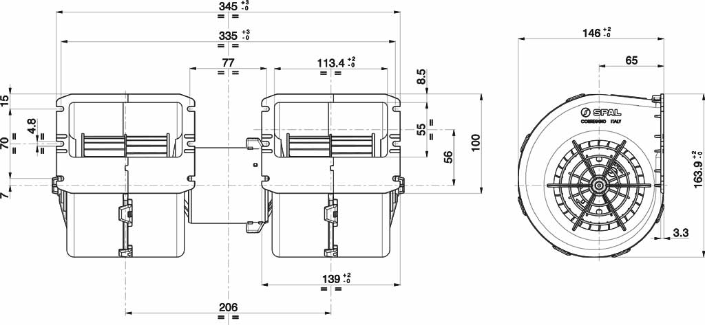 Spal double radial blower 24V, 3 speeds | 009-B50-22