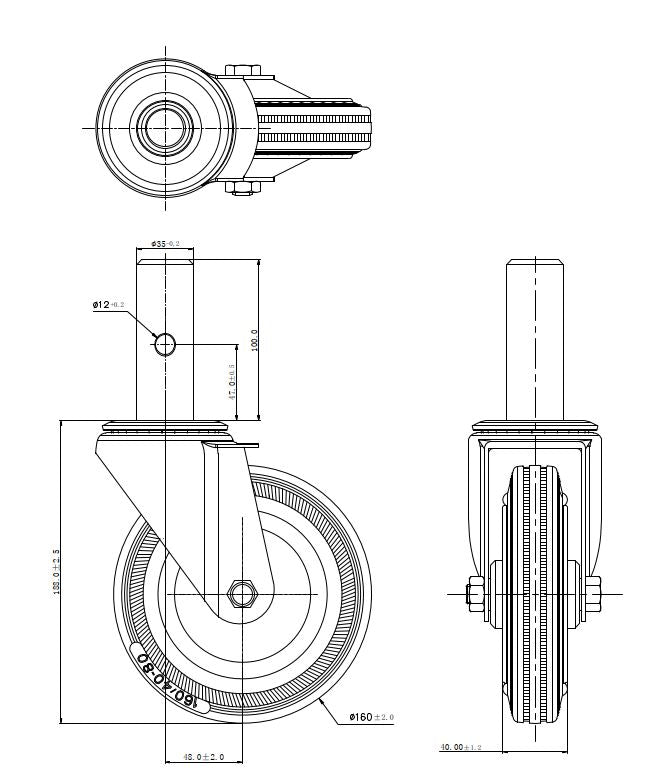 Ø 160 mm | Lenkrolle ohne Bremse: Gerüstrad mit Zapfen, Metall/Gummi, mit Steckachse montiert, Rollenlager, Tragfähigkeit 125 kg | 1157-160