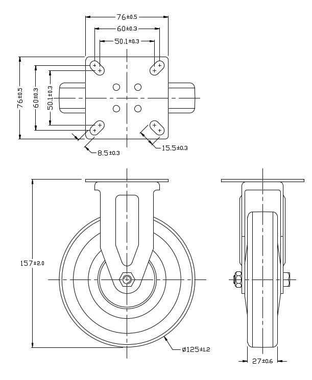 Ø 125 mm | Bockrolle ohne Bremse: thermoplastisches Gummi, Montageplatte, Gleitlager, Tragfähigkeit 120 kg | 3011A-125