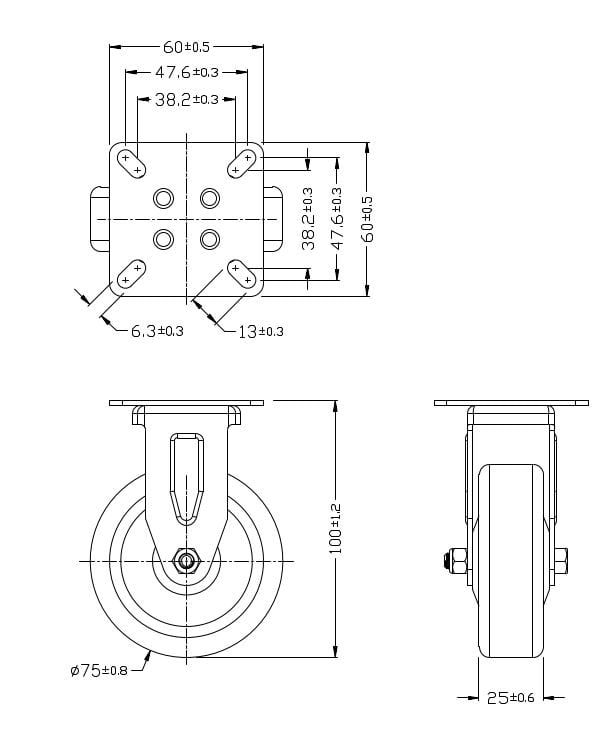 Ø 75 mm | Fixed castor without brake: Thermoplastic rubber compound, mounting plate, plain bearing, load capacity 60 kg | 3011A-75
