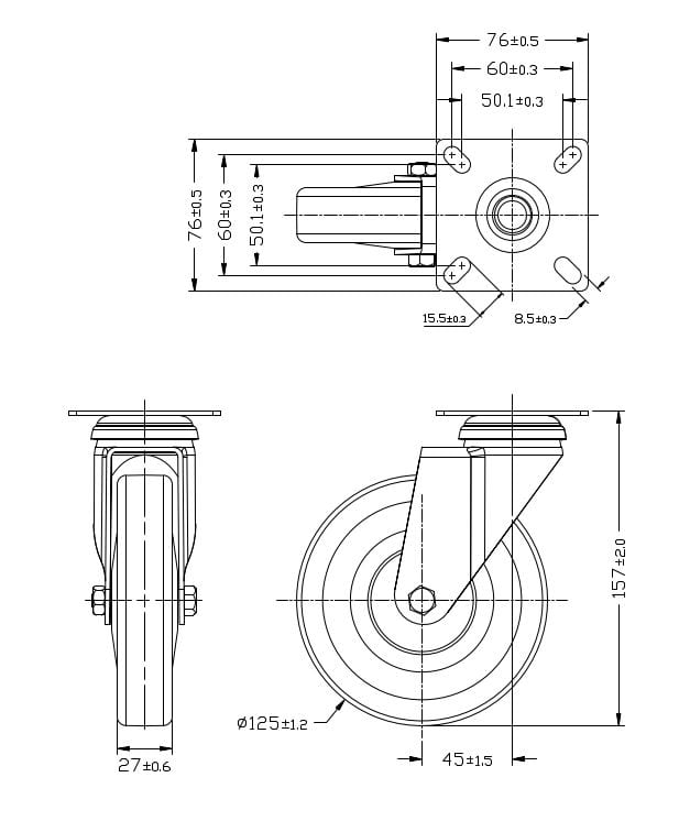 Ø 125 mm | Lenkrolle ohne Bremse: thermoplastischer Gummi, Anschraubplatte, Gleitlager, Tragfähigkeit 120 kg | 3013A-125