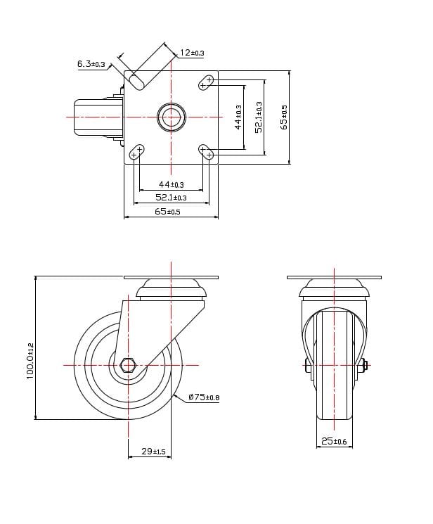Ø 75 mm | Swivel castor without brake: thermoplastic rubber, mounting plate, plain bearing, load capacity 60 kg | 3013A-75