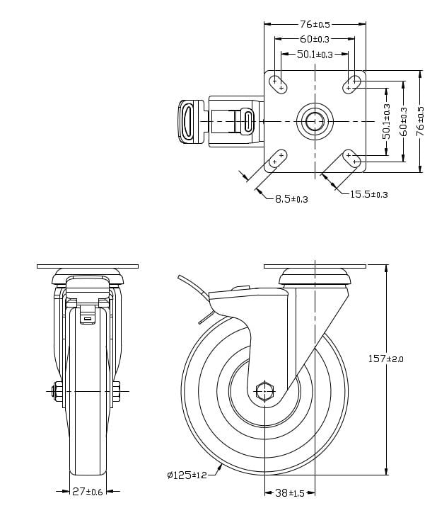 Ø 125 mm | Lenkrolle mit Bremse: Thermoplastisches Gummi, Befestigungsplatte, Gleitlager, Tragfähigkeit 120 kg | 3014A-125