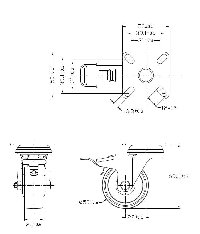 Ø 50 mm | Lenkrolle mit Bremse: thermoplastisches Gummimaterial, Befestigungsplatte, Gleitlager, Tragfähigkeit 40 kg | 3014A-50