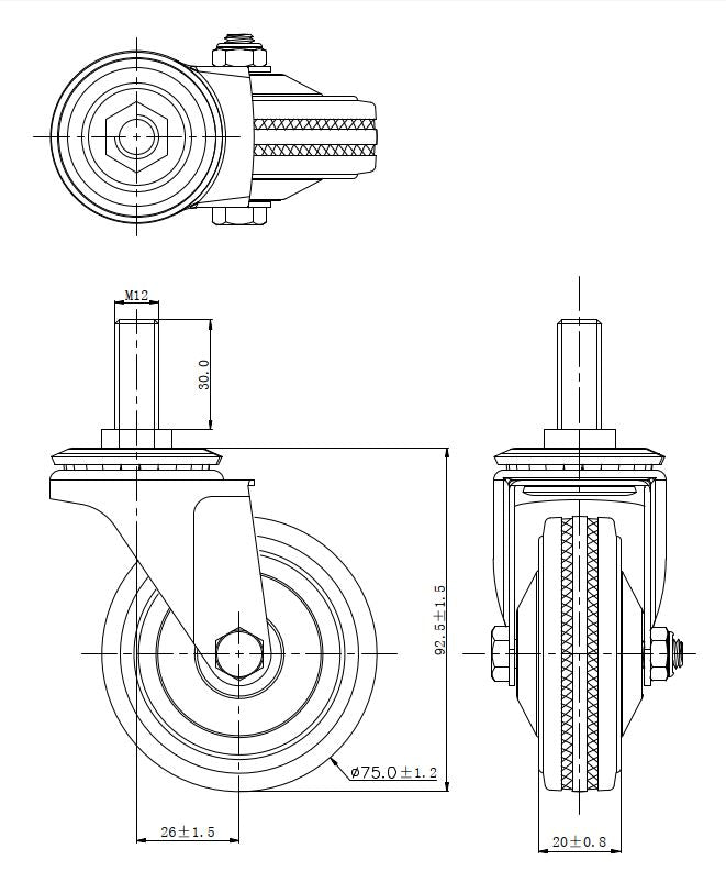 Ø 75 mm | Radsatz, Lenkrolle ohne Bremse: Metall/Gummi, Schraubbefestigung, Rollenlager, Tragfähigkeit 50 kg | 4008-75