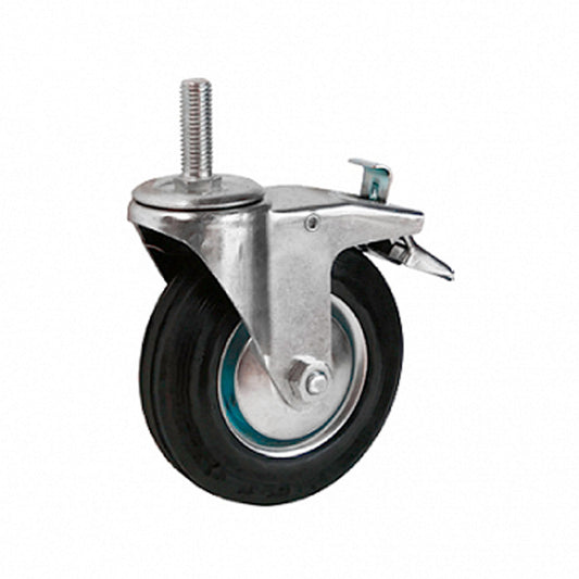 Ø 75 mm | Swivel castor with brake: metal/rubber, threaded pin, roller bearing, load capacity 50 kg | 4009-75