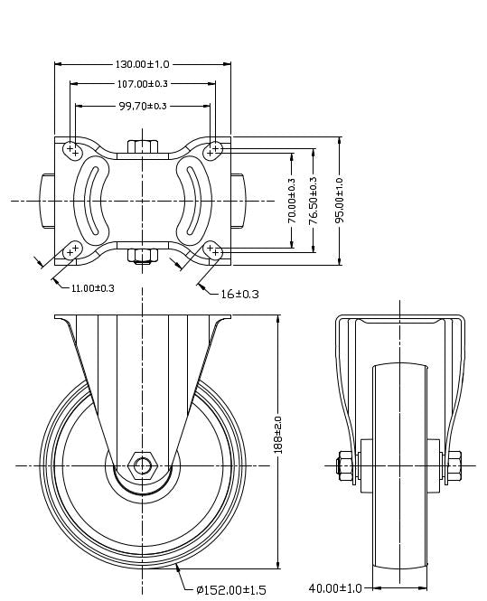 Ø 152 mm | Fixed castor without brake: polyamide, mounting plate, roller bearing, load capacity 270 kg | 4062-152