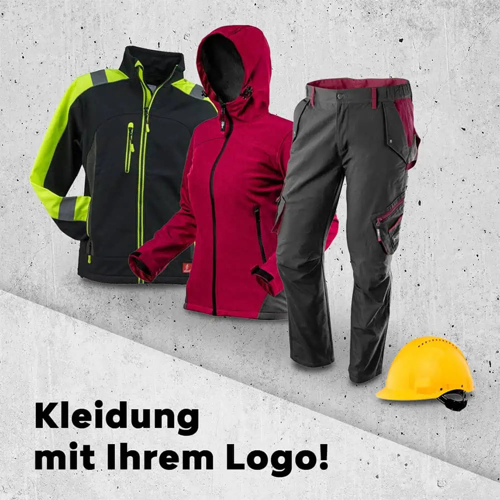 Jacke, Sweatshirt, Hose und Helm, die mit Ihrem Logo personalisiert werden können.