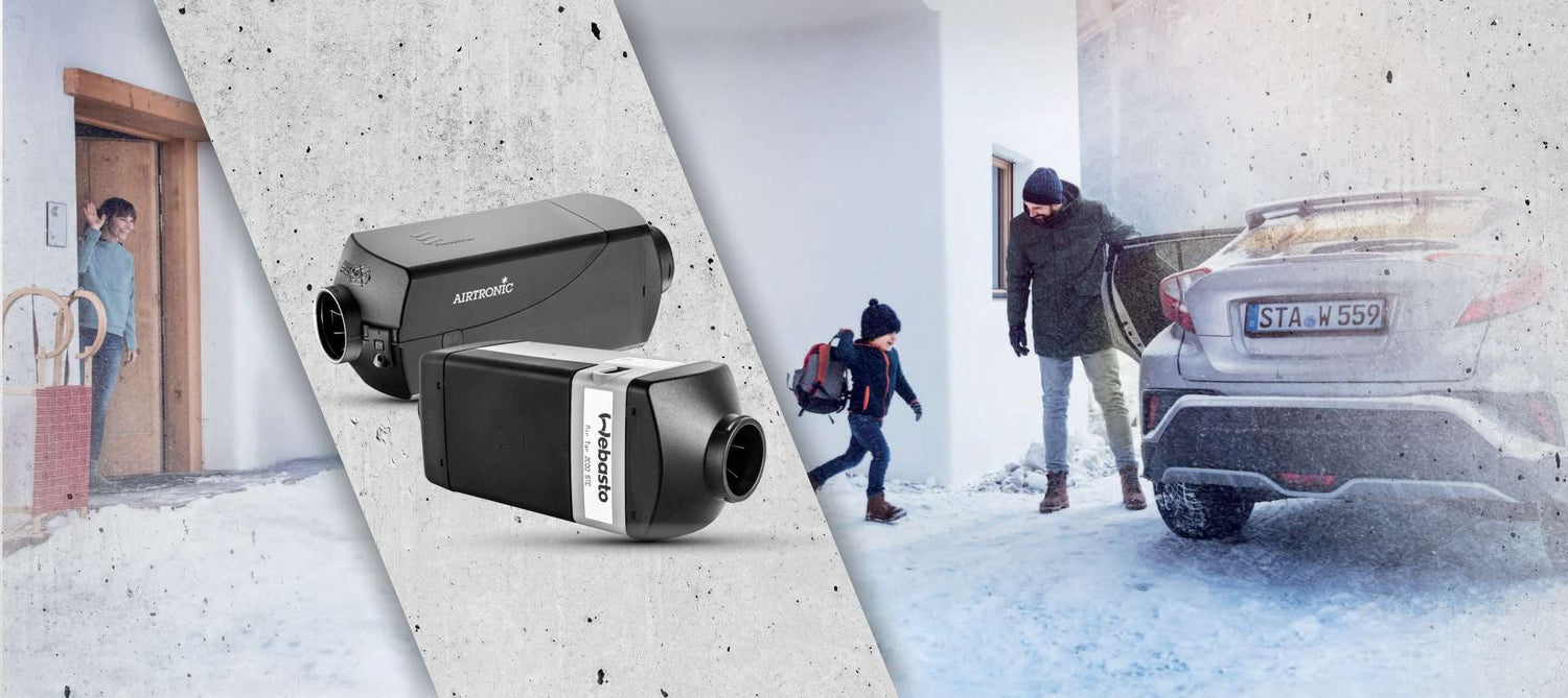 Eine Mutter verabschiedet sich von ihrem Kind, das aus dem Haus direkt in das vorgewärmte Auto läuft, wo der Vater wartet. Produktfotos der Standheizungsmarken Webasto und Eberspächer.