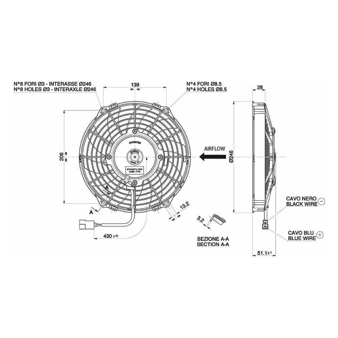 Spal fan 24V, 225 MM, blowing | VA07-BP12/C-58S