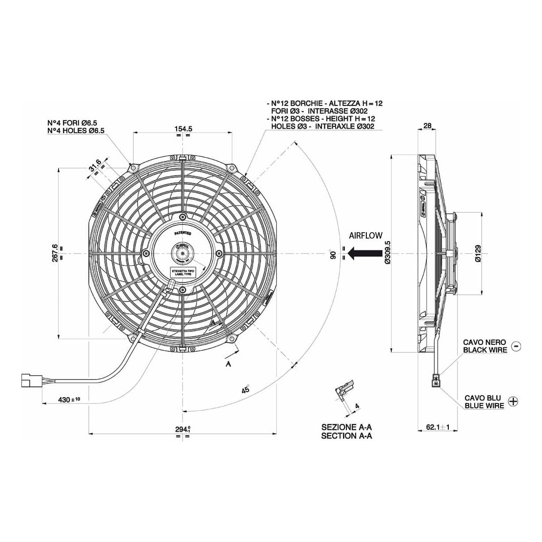 Spal fan 12V, 280 mm, blowing | VA09-AP50/C-54S