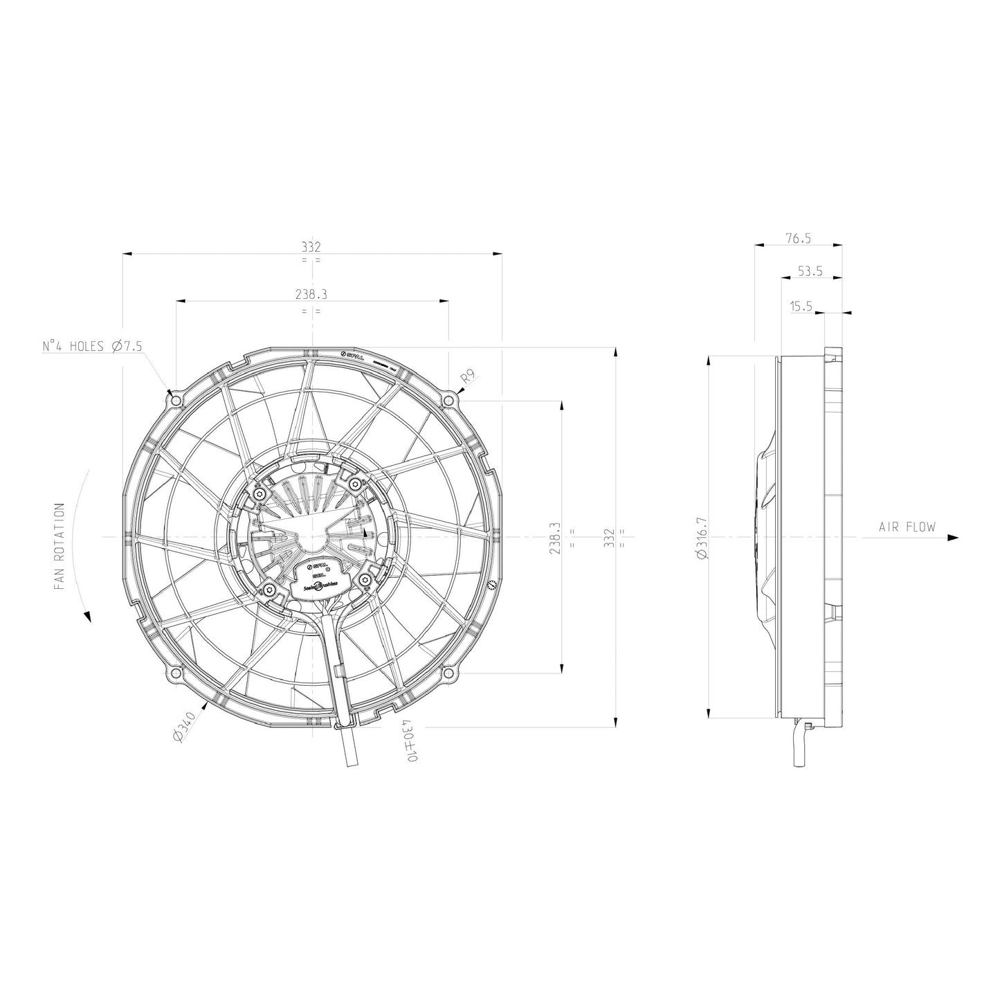 Spal Lüfter 12V, 305 MM, saugend | VA89-ABL320P/R/A/N-94A