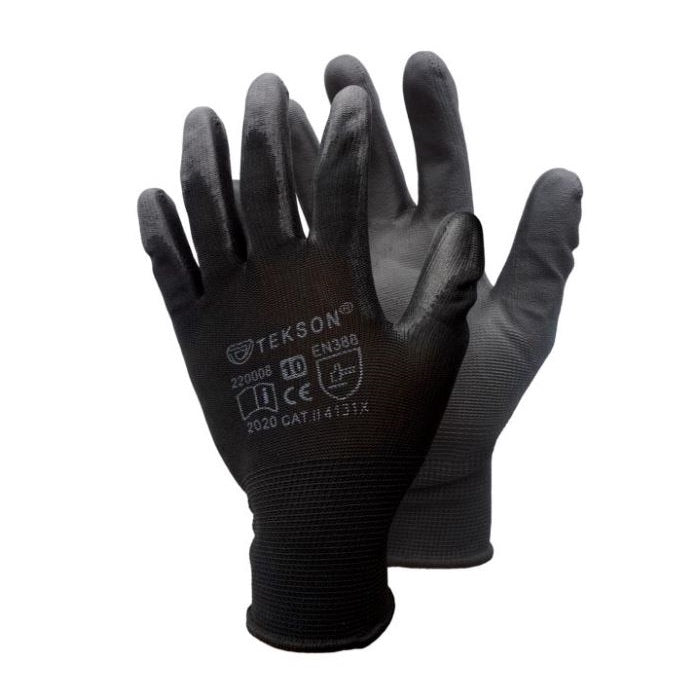 Tekson universal work gloves with polyurethane, 12 pairs | Black