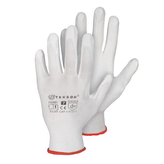 Tekson work gloves, for assembly work, made of polyurethane, 12 pairs | White