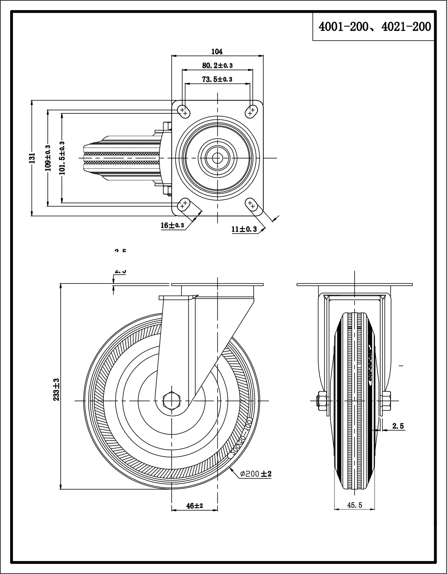 Ø 200 mm | Lenkrolle ohne Bremse: Metallgummi, Befestigungsplatte, Wälzlager, Tragfähigkeit 185 kg | 4001-200