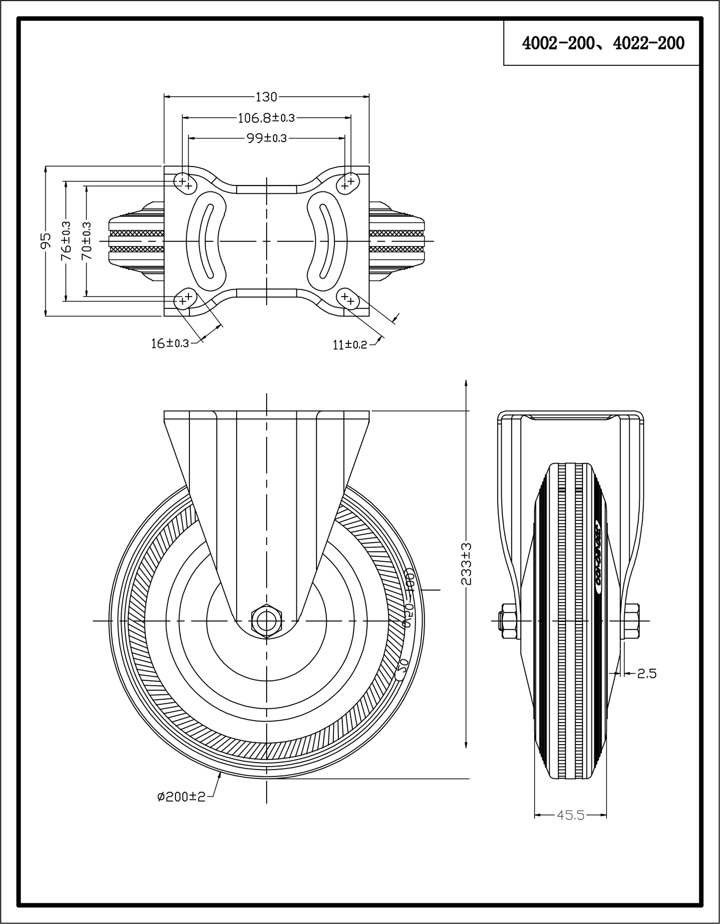 Ø 200 mm | Bockrolle ohne Bremse: Metallgummi, Befestigungsplatte, Wälzlager, Tragfähigkeit 185 kg | 4002-200