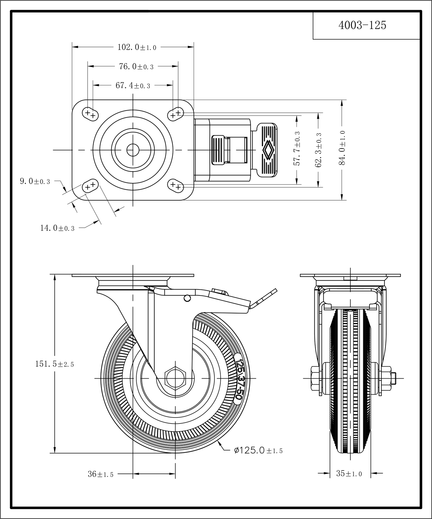 Ø 125 mm | Swivel castor with brake: metal rubber, mounting plate, roller bearing, load capacity 100 kg | 4003-125