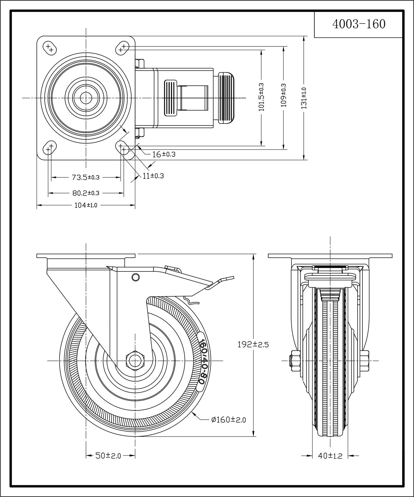 Ø 160 mm | Lenkrolle mit Bremse: Metallgummi, Befestigungsplatte, Wälzlager, Tragfähigkeit 145 kg | 4003-160