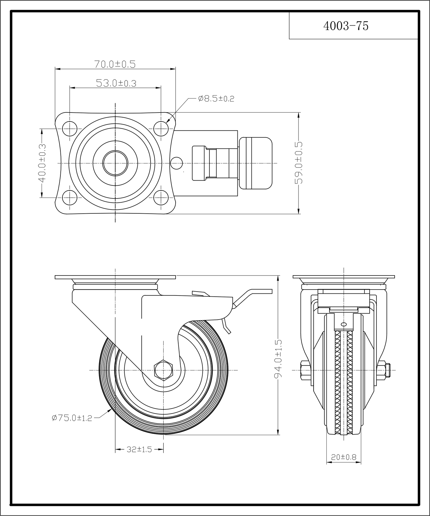 Ø 75 mm | Lenkrolle mit Bremse: Metallgummi, Befestigungsplatte, Wälzlager, Tragfähigkeit 50 kg | 4003-75