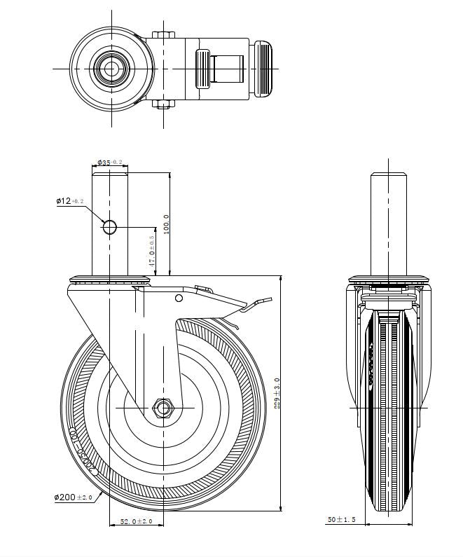 Ø 200 mm | Lenkrolle mit Bremse: Gerüstrad mit Zapfen, Metall/Gummi, Rollenlager, Tragfähigkeit 185 kg | 1158-200