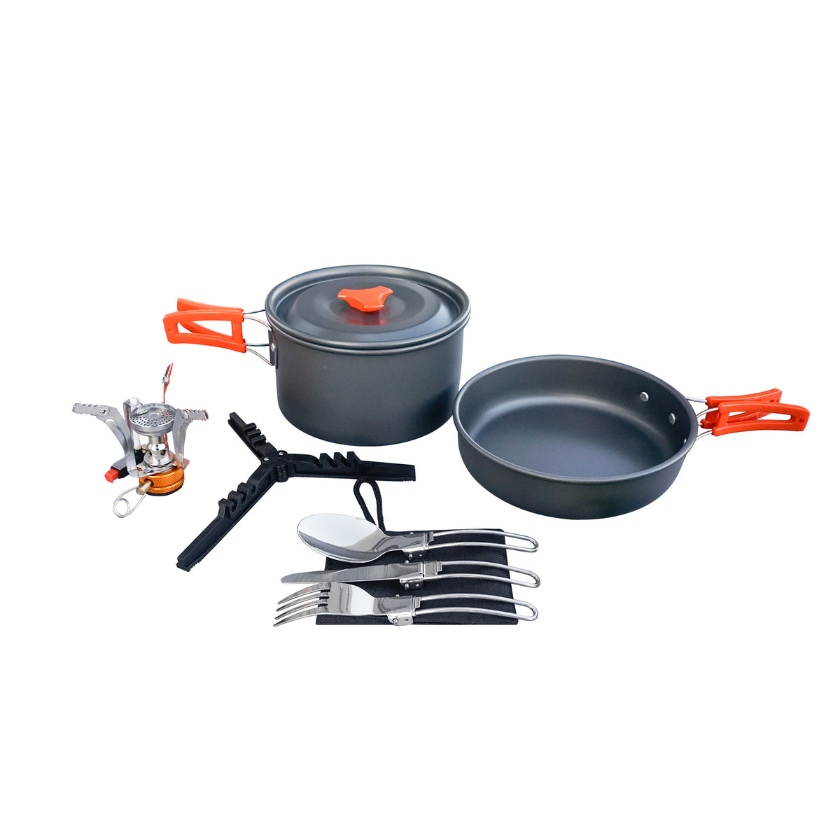 Camping Kochgeschirr Set mit Gasbrenner und Besteck, Outdoor