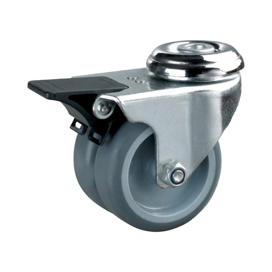 Ø 50 mm | Doppellenkrolle mit Bremse: thermoplastisches Gummi mit Bohrung, Gleitlager, Tragfähigkeit 80 kg | 2059-50