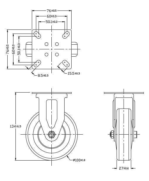 Ø 100 mm | Bockrolle ohne Bremse: thermoplastischer Gummi, Befestigungsplatte, Gleitlager, Tragfähigkeit 90 kg | 3011A-100