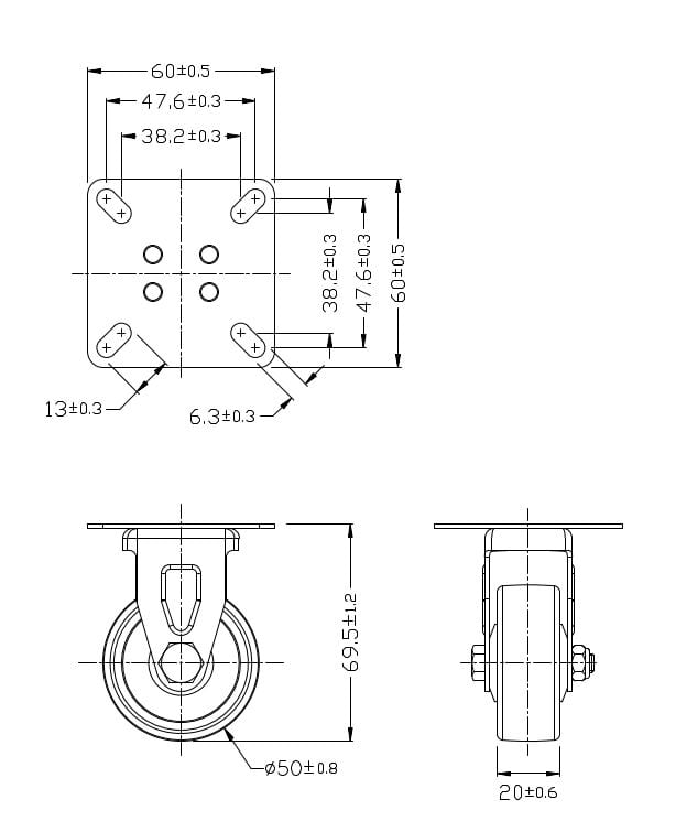 Ø 50 mm | Bockrolle ohne Bremse: Material thermoplastischer Gummi, Montageplatte, Gleitlager, Tragfähigkeit 40 kg | 3011A-50