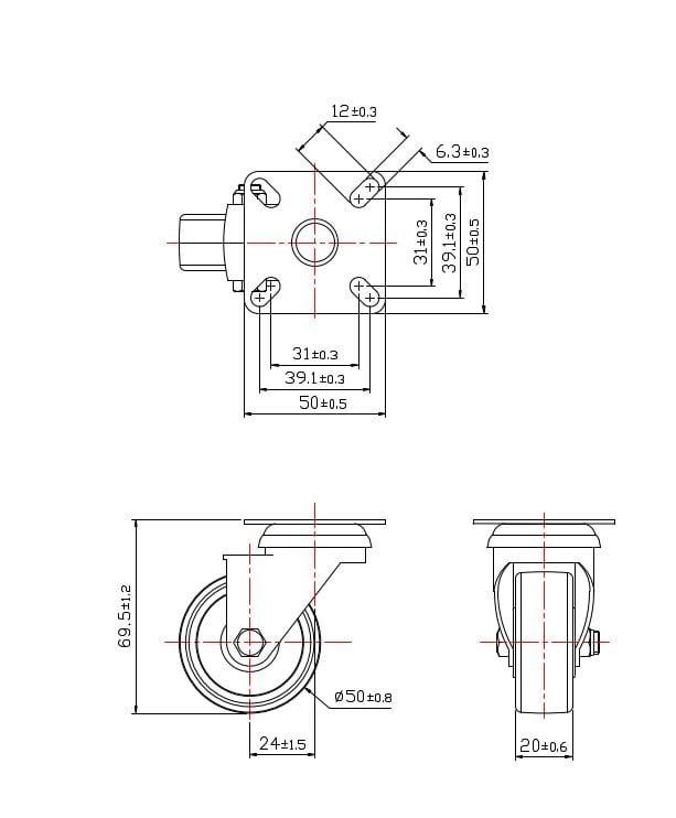 Ø 50 mm | Lenkrolle ohne Bremse: Material Thermoplastgummi, Befestigungsplatte, Gleitlager, Tragfähigkeit 40 kg | 3013A-50