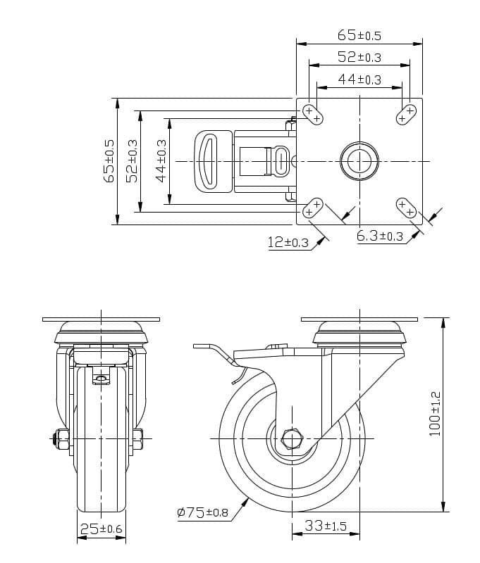 Ø 75 mm | Lenkrolle mit Bremse: Material Thermoplastische Gummimischung, Befestigungsplatte, Gleitlager, Tragfähigkeit 60 kg | 3014A-75