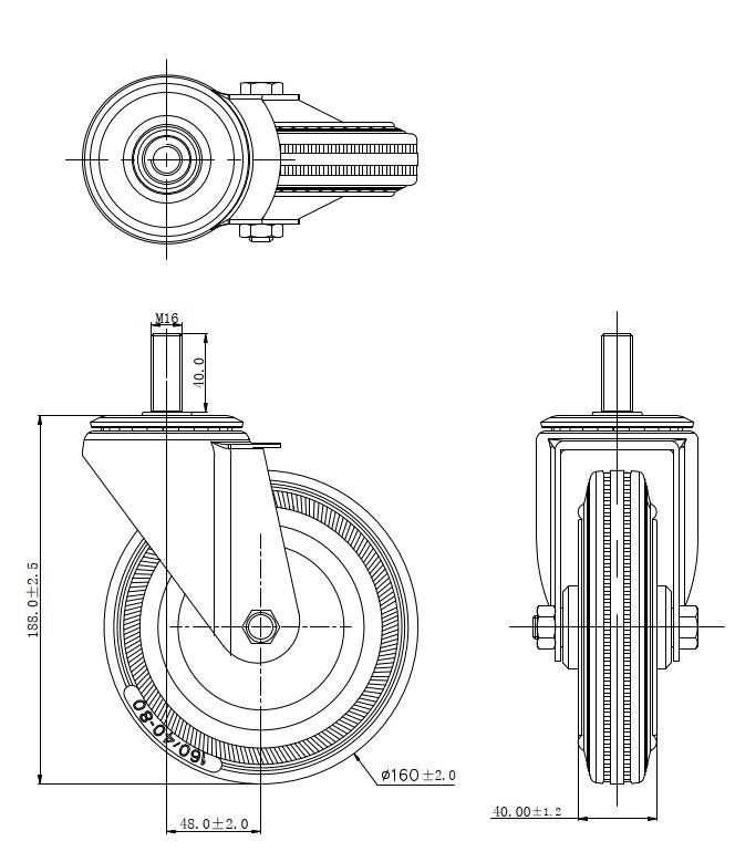 Ø 160 mm | Lenkrolle ohne Bremse: Gerüstrad mit Zapfen, Metall/Gummi, Gewindestift, Rollenlager, Tragfähigkeit 145 kg | 4008-160