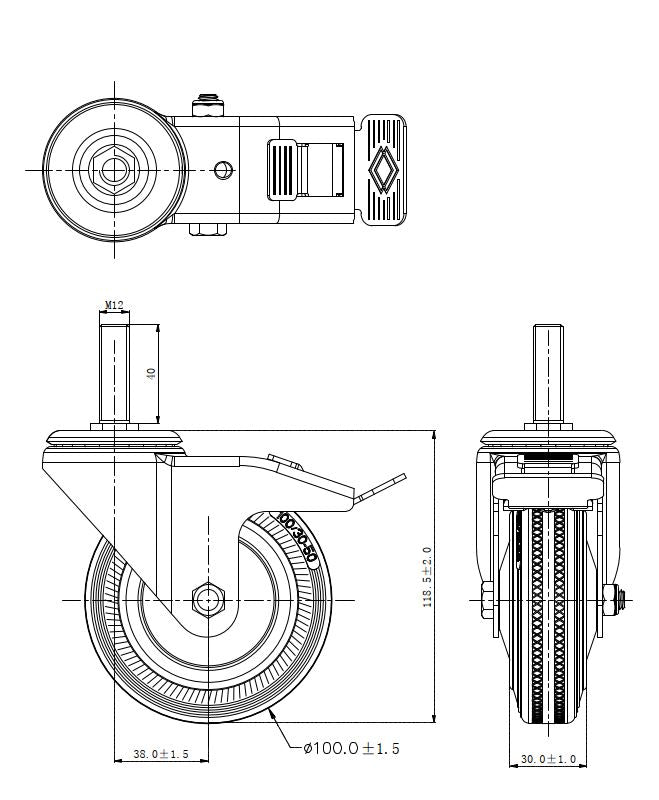 Ø 100 mm | Lenkrolle mit Bremse: Metall/Gummi, Gewindestift, Rollenlager, Tragfähigkeit 70 kg | 4009-100