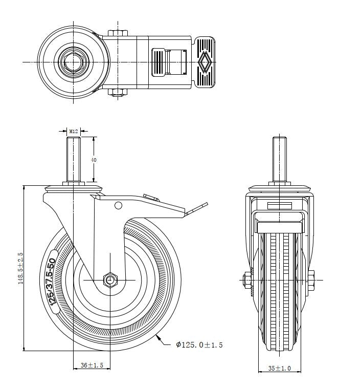 Ø 125 mm | Lenkrolle mit Bremse: Metall/Gummi, Gewindestift, Rollenlager, Tragfähigkeit 100 kg | 4009-125