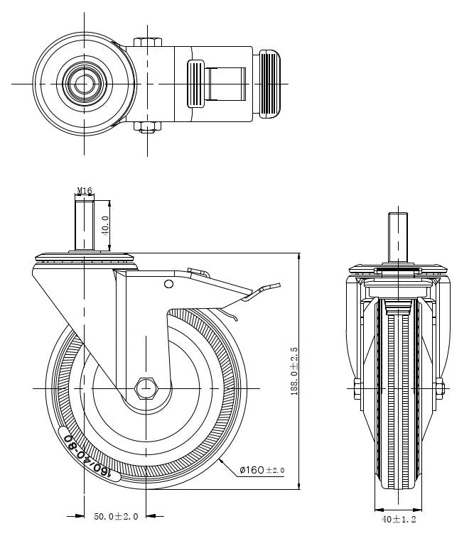 Ø 160 mm | Lenkrolle mit Bremse: Metall/Gummi, Gewindestift, Rollenlager, Tragfähigkeit 145 kg | 4009-160