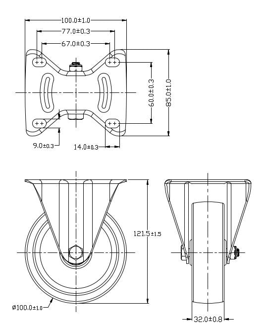 Ø 100 mm | Bockrolle ohne Bremse: Polyamid, Befestigungsplatte, Rollenlager, Tragfähigkeit 160 kg | 4062-100