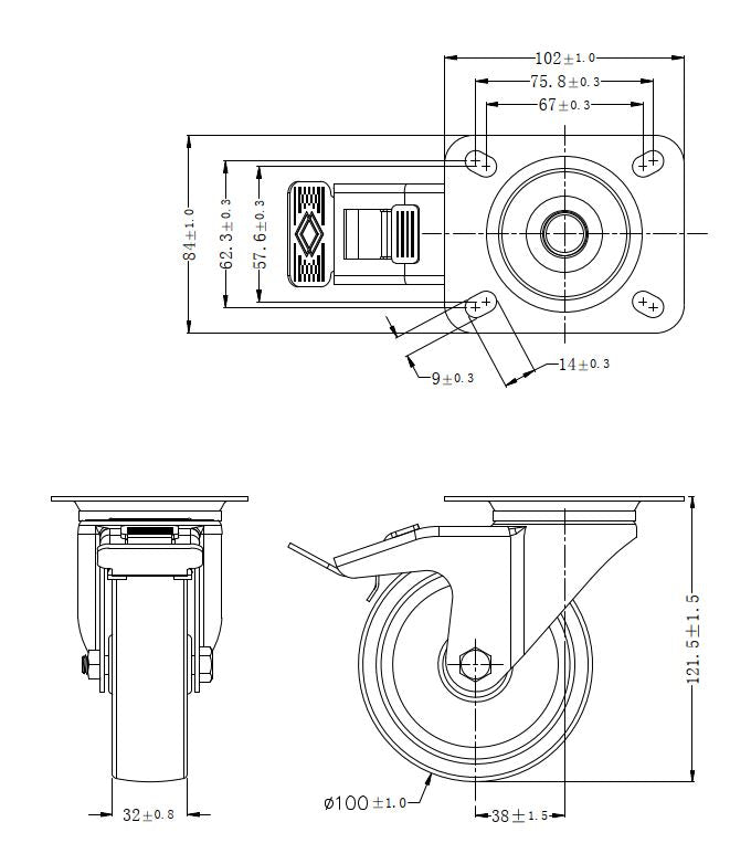 Ø 100 mm | Lenkrolle mit Bremse: Polyamid, Befestigungsplatte, Rollenlager, Tragfähigkeit 160 kg | 4063-100