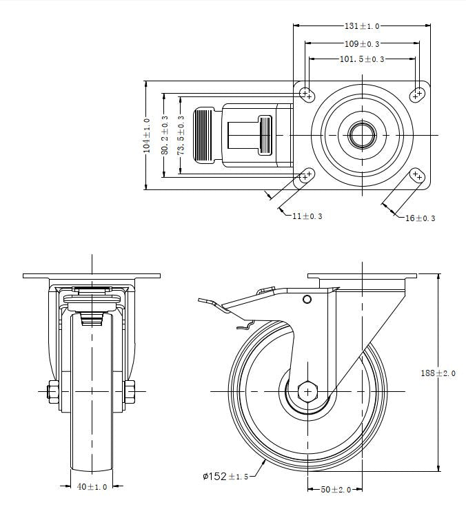 Ø 152 mm | Lenkrolle mit Bremse: Polyamid, Befestigungsplatte, Rollenlager, Tragfähigkeit 270 kg | 4063-152