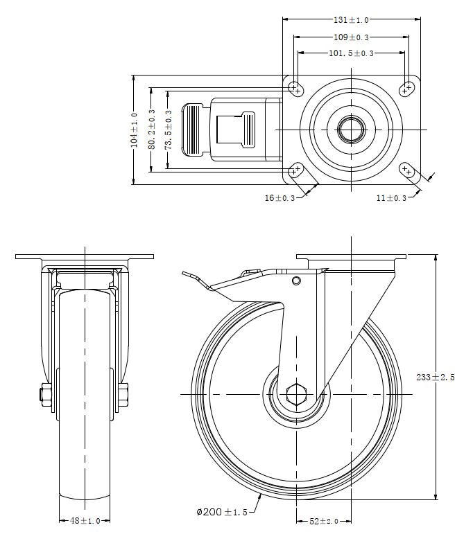 Ø 200 mm | RLenkrolle mit Bremse: Polyamid, Befestigungsplatte, Rollenlager, Tragfähigkeit 390 kg | 4063-200