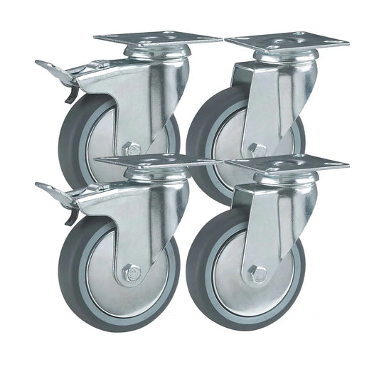 4x zestaw kołowy Ø 75 mm (2x skrętny, 2x skrętny z hamulcem), guma elastyczna szara, łożysko ślizgowe | 3013A/3014A-75