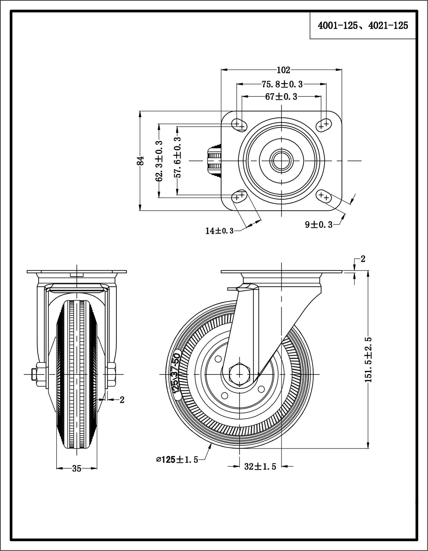 Ø 125 mm | Lenkrolle ohne Bremse: Metallgummi, Befestigungsplatte, Wälzlager, Tragfähigkeit 100 kg | 4001-125