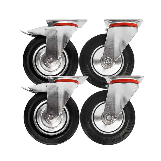 4x zestaw kołowy Ø 100 mm (2x skrętny, 2x skrętny z hamulcem), guma standardowa, łożysko wałeczkowe | 4001/4003-100