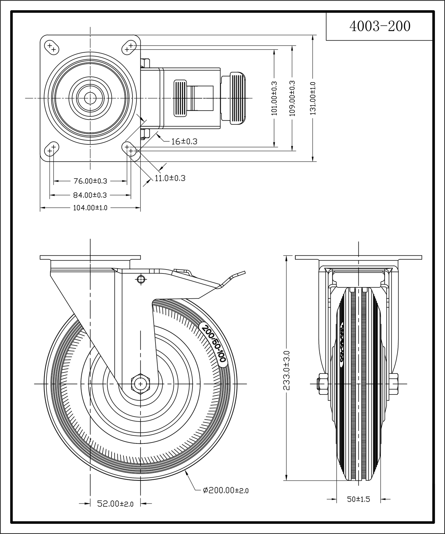 Lenkrolle Mit Bremse, Verzinkt, Plattenbeschlag 200 MM | 4003-200